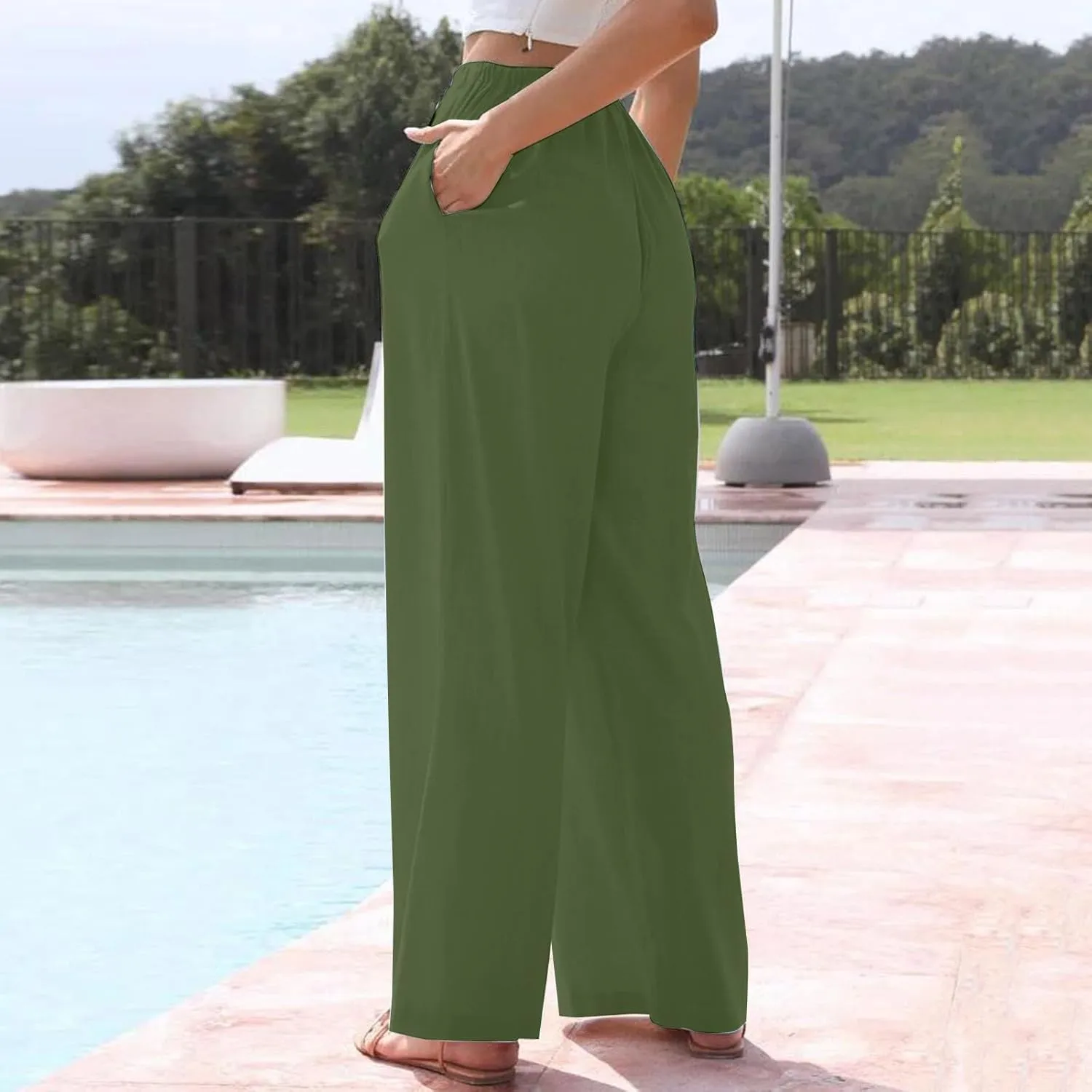 KUIOLYPOER Women's Cotton Linen Pants Summer Wide Leg Casual Loose Drawstring High Waist Palazzo Pants Trousers with Pockets