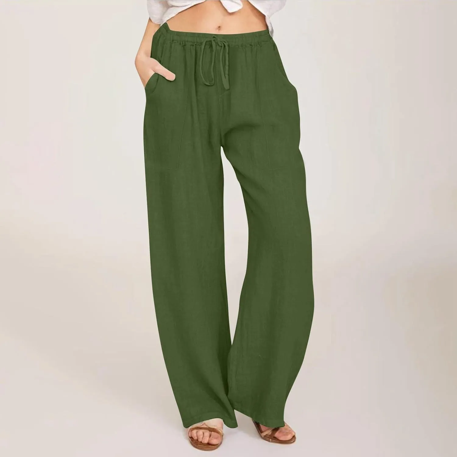 KUIOLYPOER Women's Cotton Linen Pants Summer Wide Leg Casual Loose Drawstring High Waist Palazzo Pants Trousers with Pockets