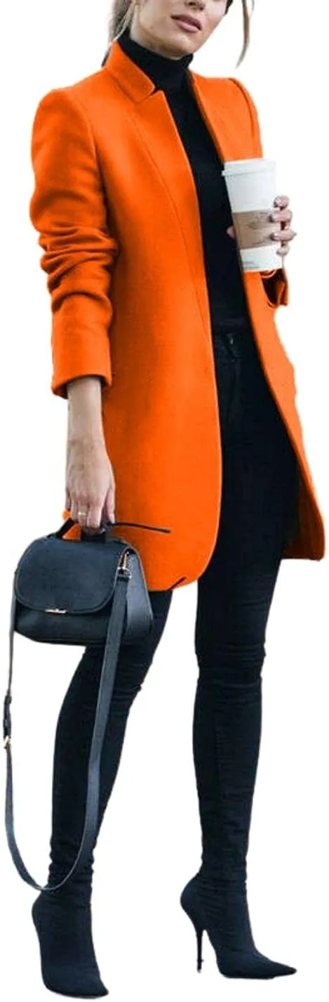 Kwoki Women's Stand Collar Open Front Pea Coat Casual Winter Warm Mid Long Blazer Trench Coats Overcoat Outerwear 0181-Orange-XS