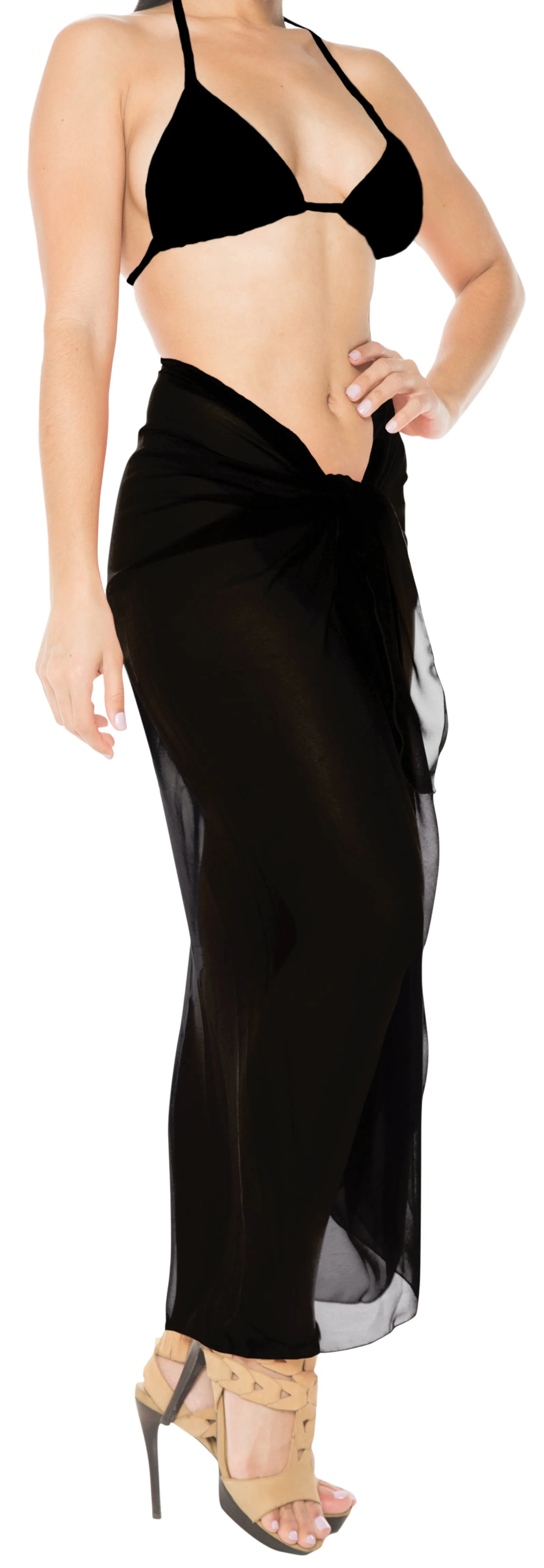 La Leela Sheer Chiffon Swimsuit Cover Up Wrap Sarong Solid 88"X42" Black_1722