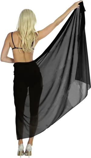 La Leela Sheer Chiffon Swimsuit Cover Up Wrap Sarong Solid 88"X42" Black_1722