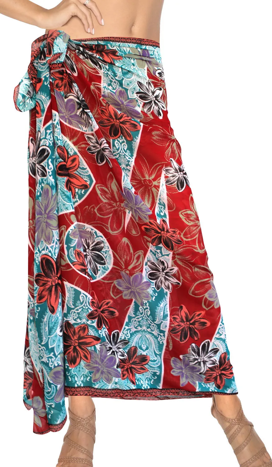 La Leela Women's Hawaiian Bikini Beach Wrap Sheer Sarong Swimming Bathing suit Beachwear Swim Dress Pareo Cover up Long 78"X42"  Red 128381