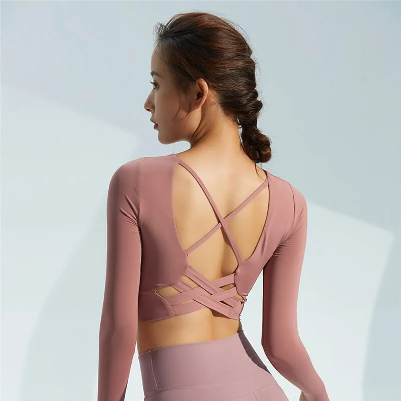 Lacy Strappy Backless Long Sleeve Active Top  Colors