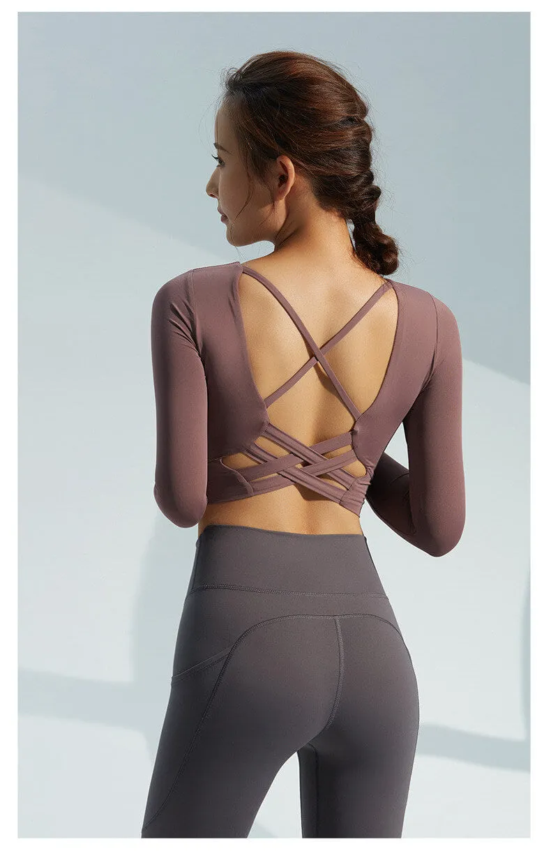 Lacy Strappy Backless Long Sleeve Active Top  Colors