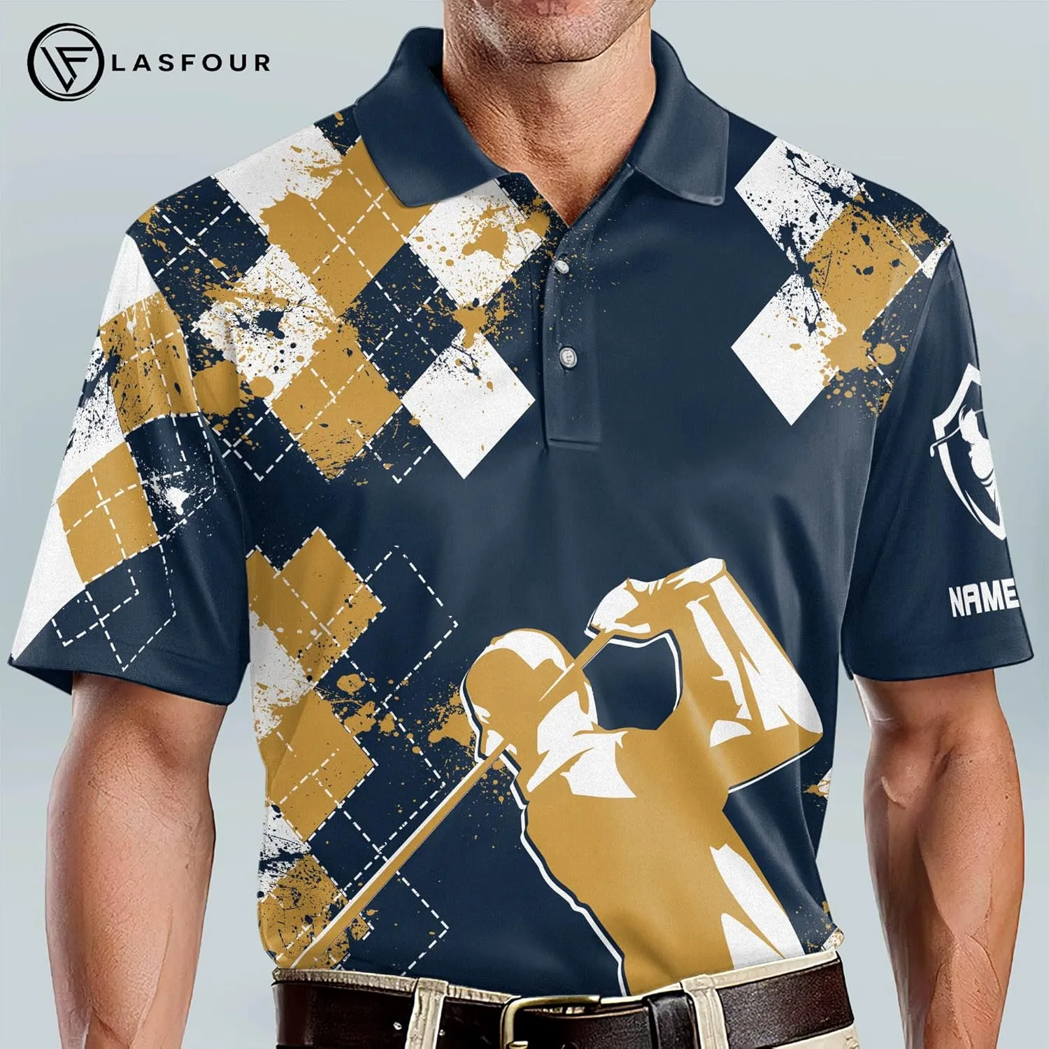LASFOUR Personalized 3D Funny Golf Polo Shirts for Men, Men's Golf Shirts Short Sleeve Polo Dry Fit, America Golf Polos