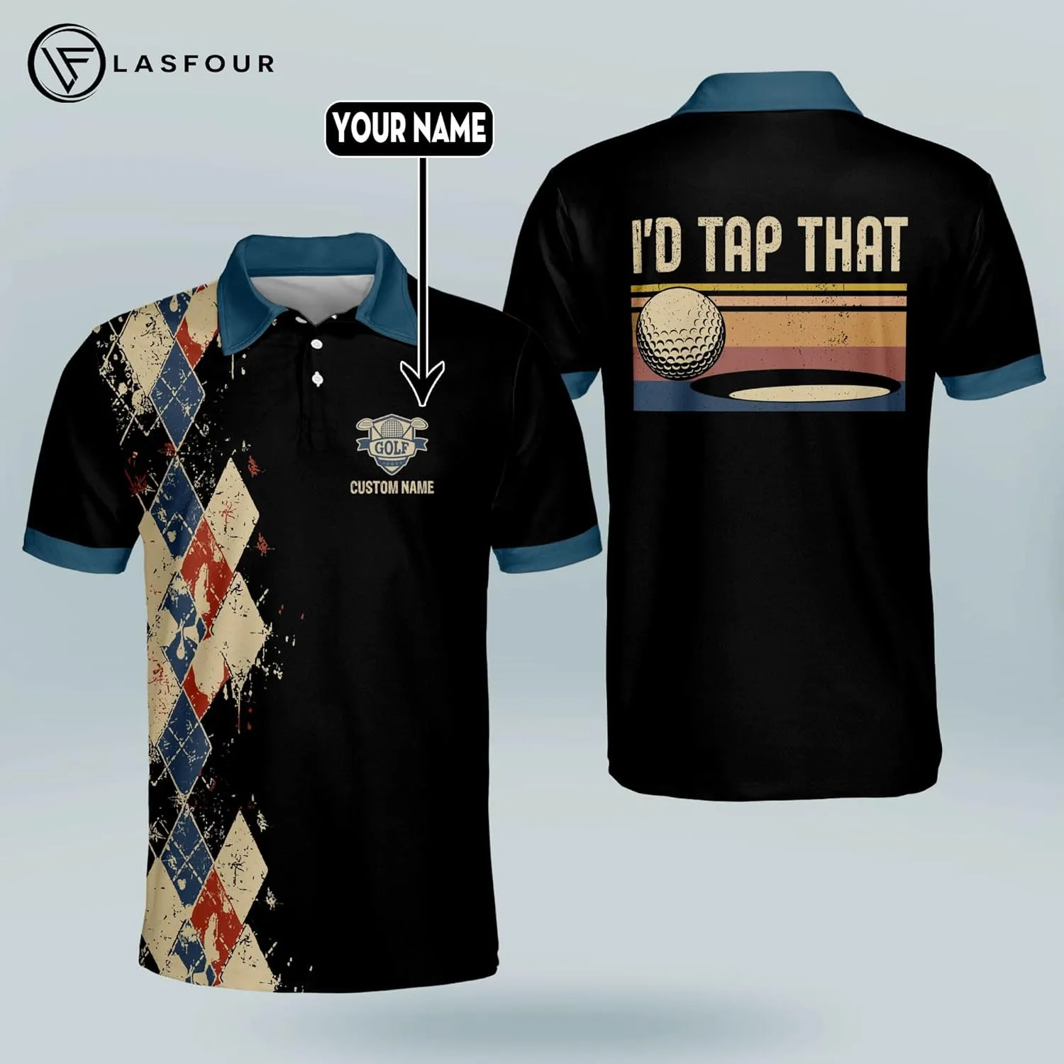 LASFOUR Personalized 3D Funny Golf Polo Shirts for Men, Men's Golf Shirts Short Sleeve Polo Dry Fit, America Golf Polos