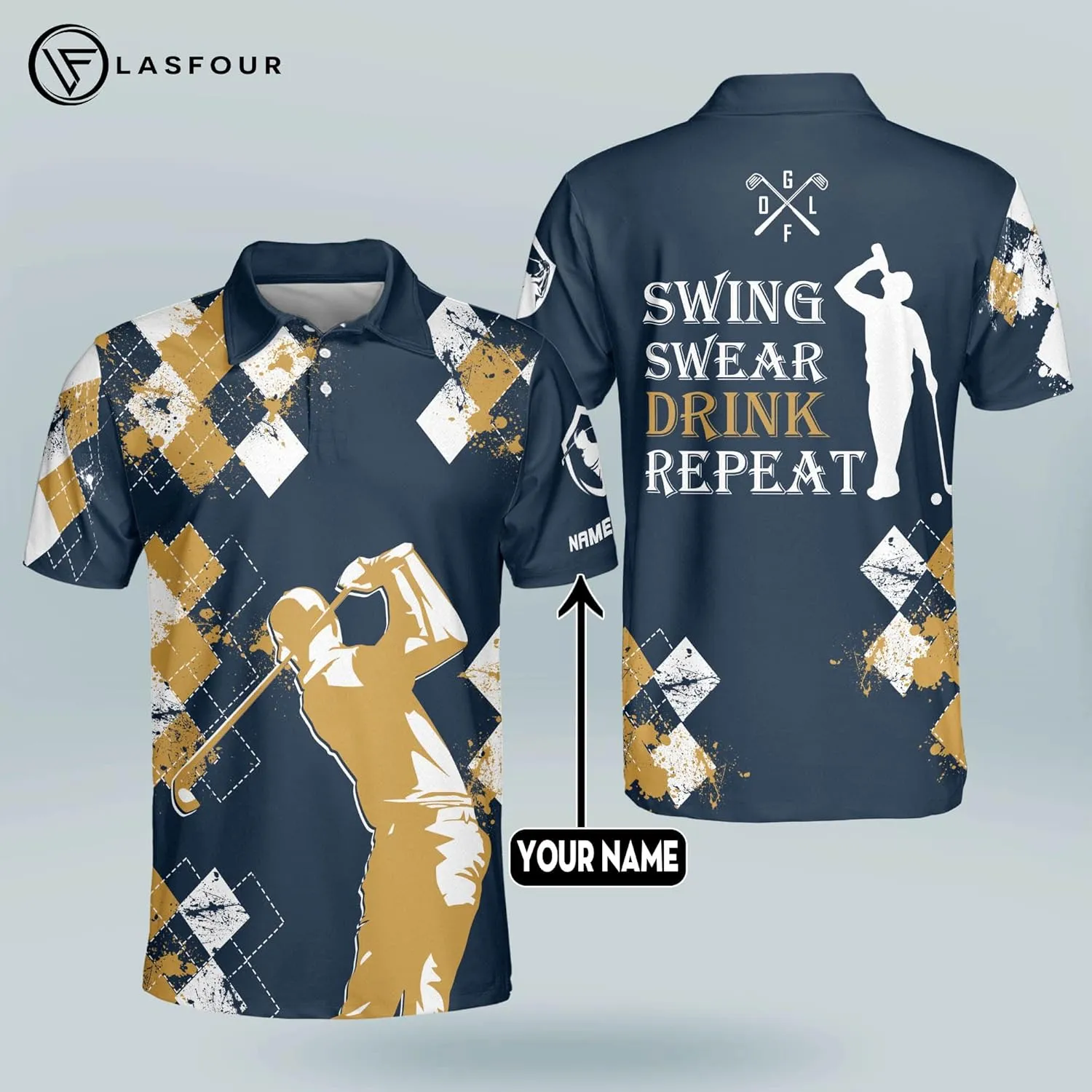 LASFOUR Personalized 3D Funny Golf Polo Shirts for Men, Men's Golf Shirts Short Sleeve Polo Dry Fit, America Golf Polos
