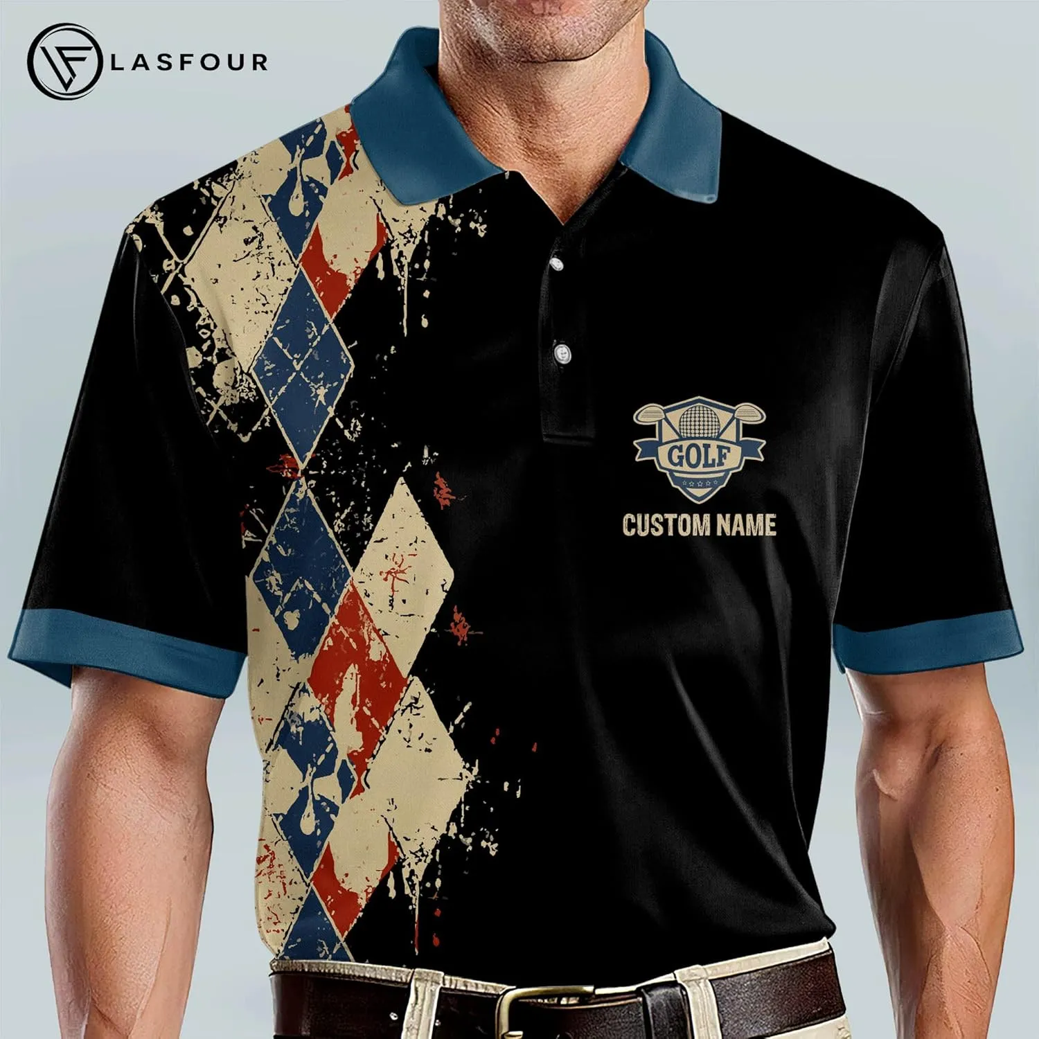 LASFOUR Personalized 3D Funny Golf Polo Shirts for Men, Men's Golf Shirts Short Sleeve Polo Dry Fit, America Golf Polos
