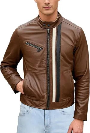 Leather Motorcycle Jacket Men - Cafe Racer Stripe Biker Style Real Leather Jacket Men