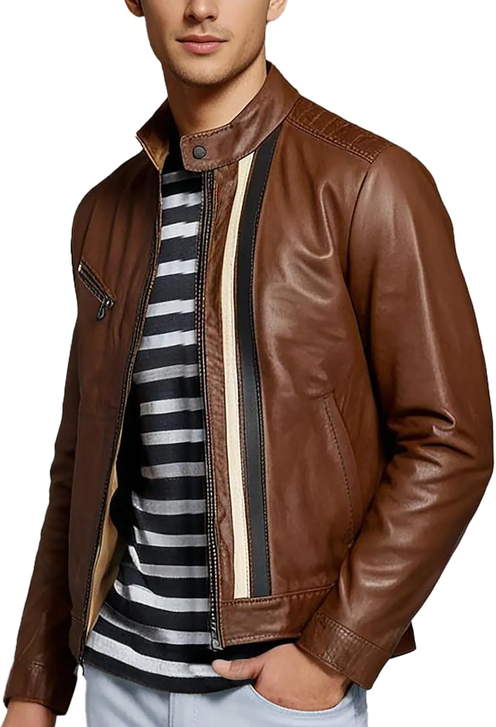 Leather Motorcycle Jacket Men - Cafe Racer Stripe Biker Style Real Leather Jacket Men