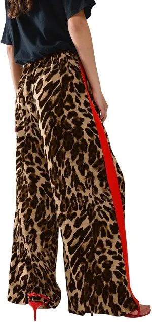 Leopard Pants Women Elastic Waist Side Stripe Pants Baggy Wide Leg Street Long Trousers Loose Fit Cozy Sweatpants