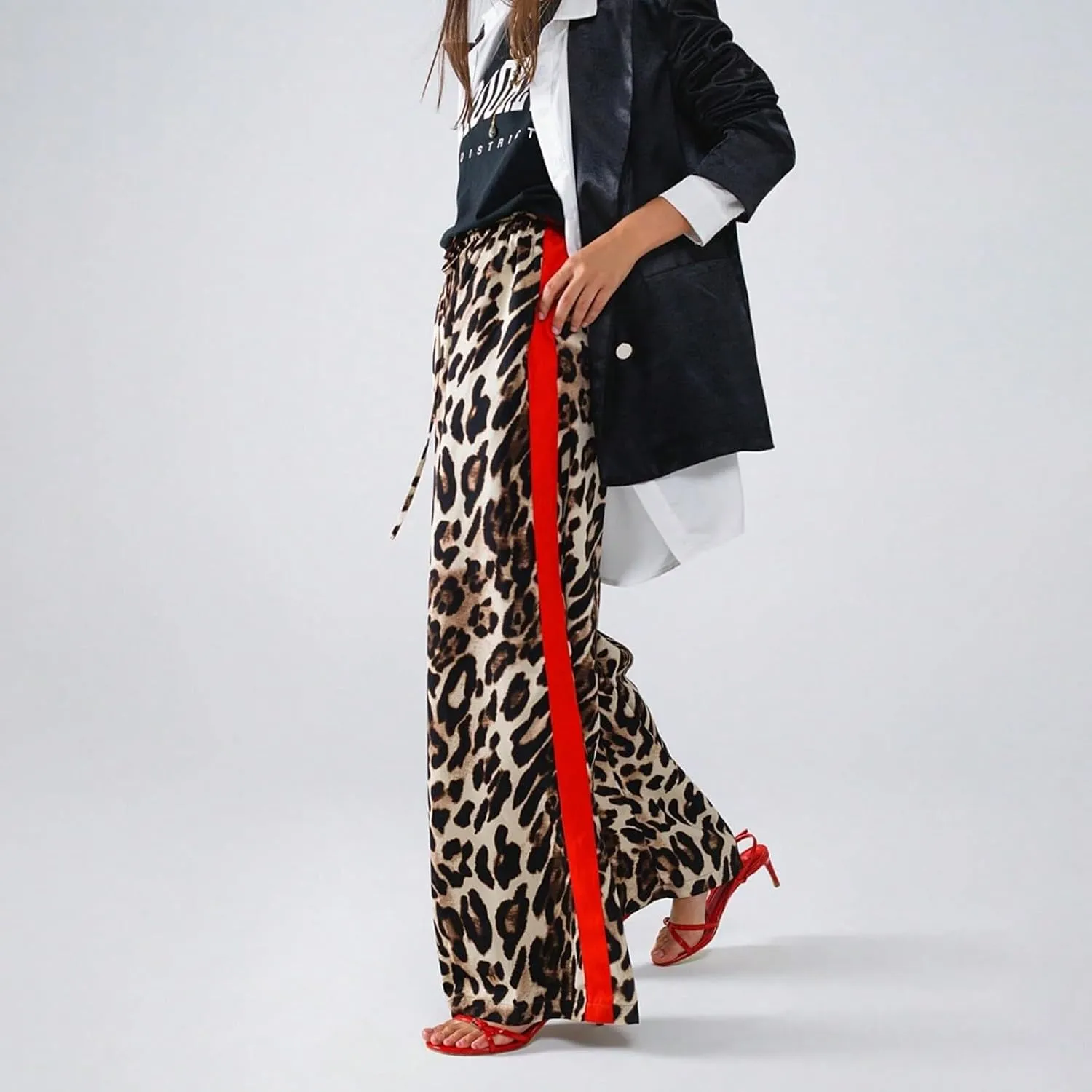 Leopard Pants Women Elastic Waist Side Stripe Pants Baggy Wide Leg Street Long Trousers Loose Fit Cozy Sweatpants