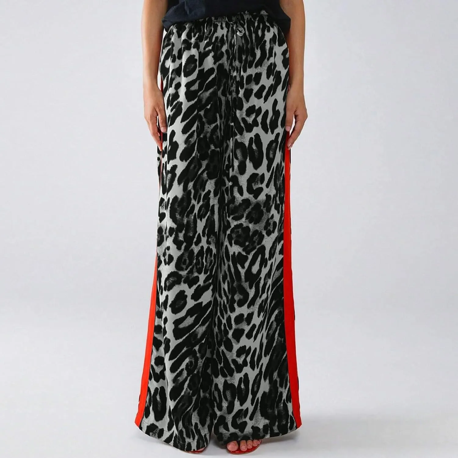 Leopard Pants Women Elastic Waist Side Stripe Pants Baggy Wide Leg Street Long Trousers Loose Fit Cozy Sweatpants