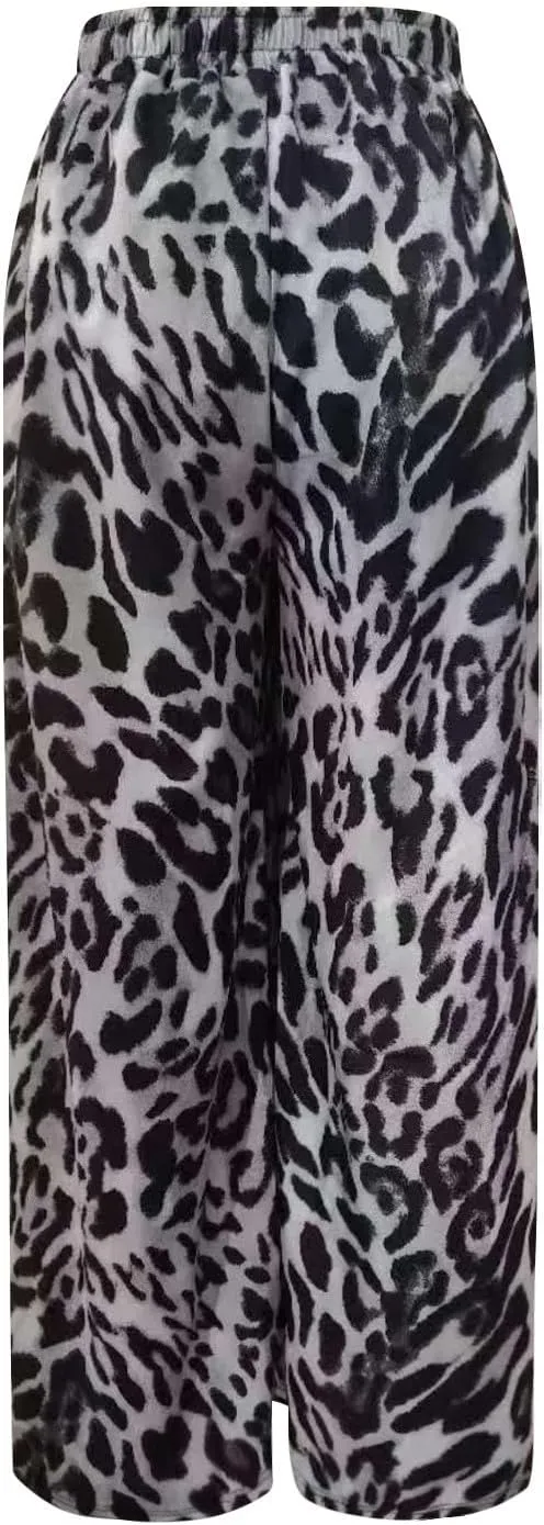 Leopard Pants Women Elastic Waist Side Stripe Pants Baggy Wide Leg Street Long Trousers Loose Fit Cozy Sweatpants