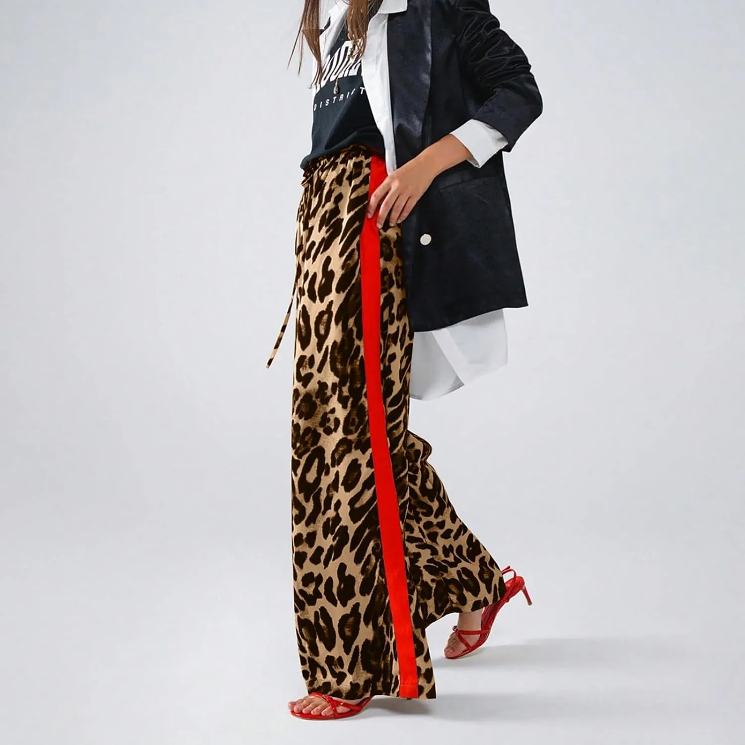 Leopard Pants Women Elastic Waist Side Stripe Pants Baggy Wide Leg Street Long Trousers Loose Fit Cozy Sweatpants