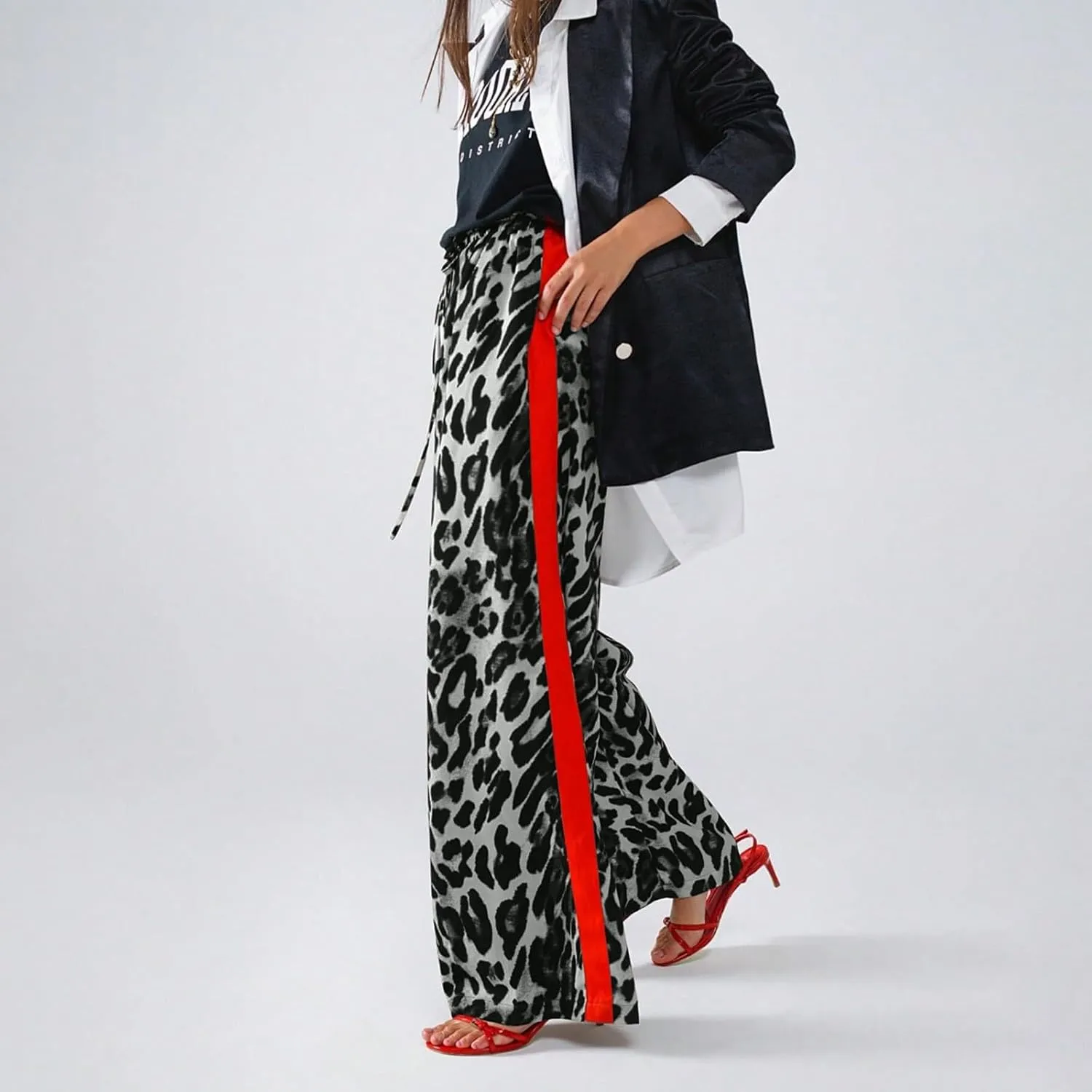 Leopard Pants Women Elastic Waist Side Stripe Pants Baggy Wide Leg Street Long Trousers Loose Fit Cozy Sweatpants