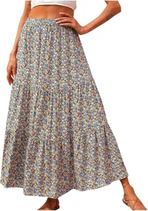 LFEOOST Long Skirts for Women Chiffon Summer Casual Pleated Elastic High Waisted Maxi Skirts Beach Floral Print Flowy Dress