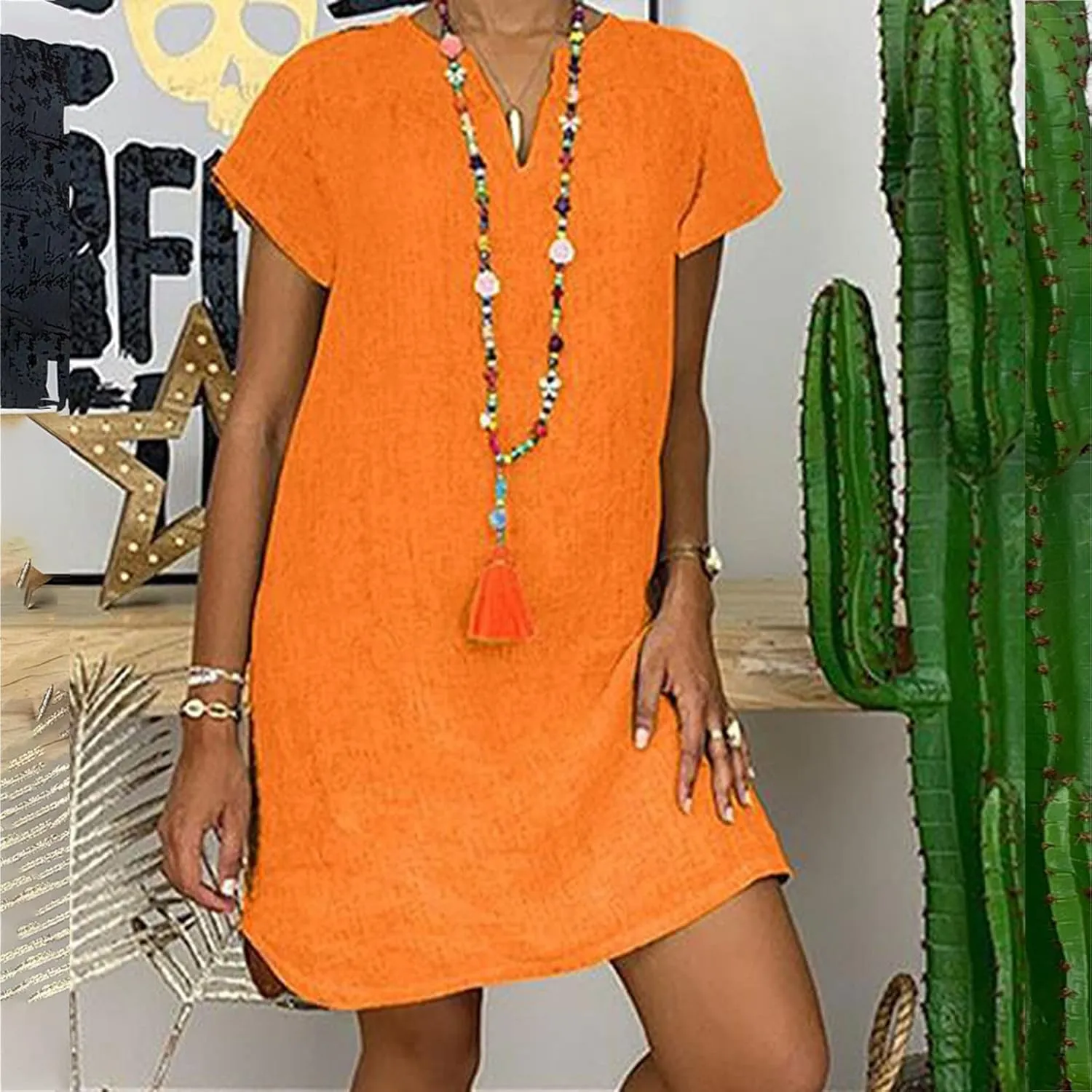 LFEOOST Plus Size Summer Dresses for Women 2023 Fashion Short Sleeve Casual V Neck Solid Loose Ladies Cotton Linen Midi Dress