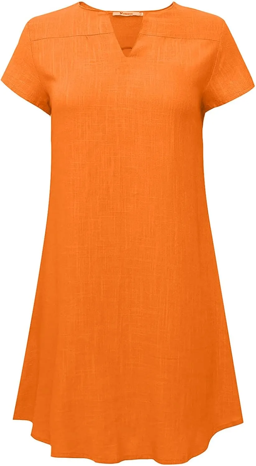 LFEOOST Plus Size Summer Dresses for Women 2023 Fashion Short Sleeve Casual V Neck Solid Loose Ladies Cotton Linen Midi Dress