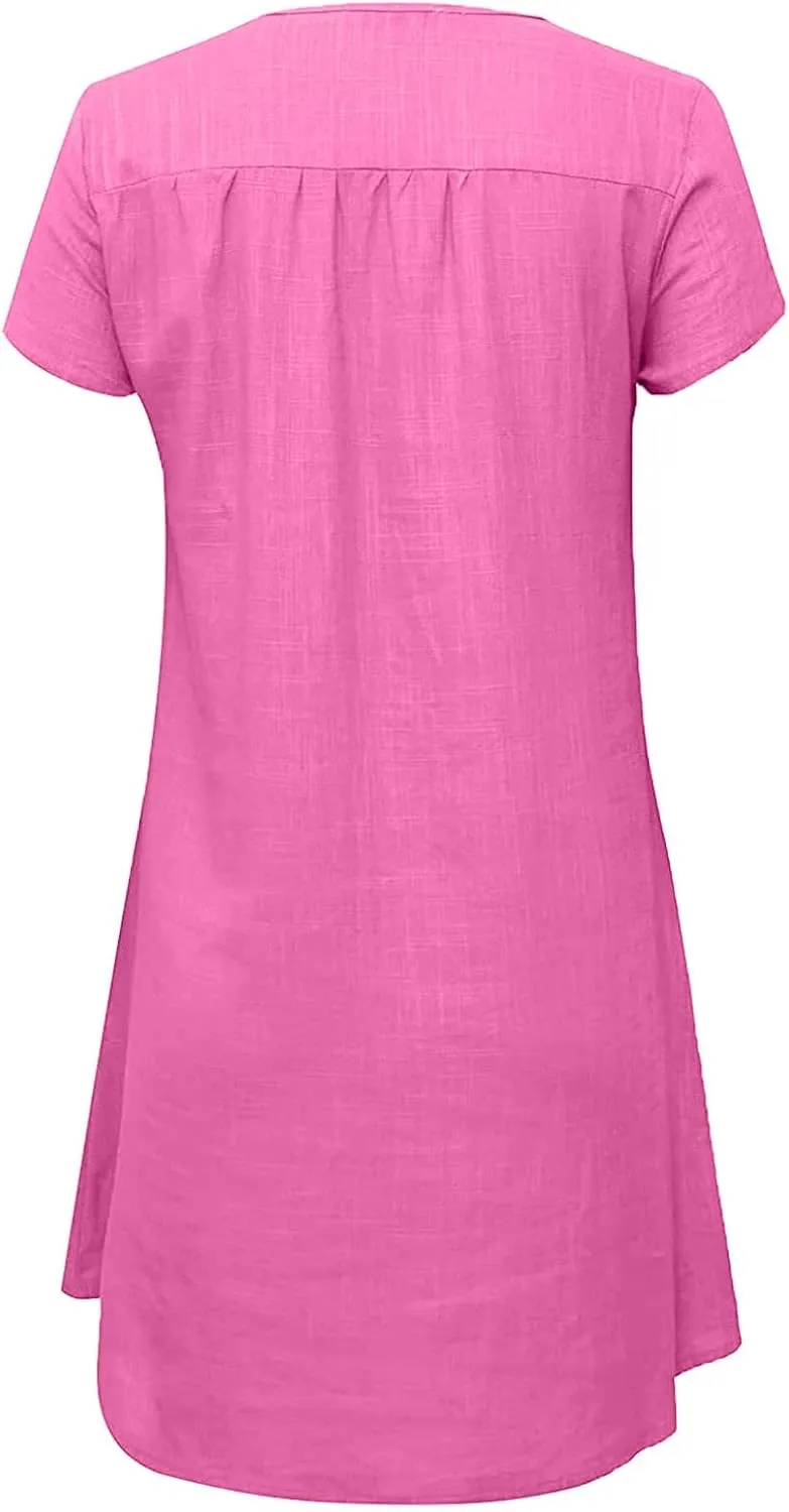 LFEOOST Plus Size Summer Dresses for Women 2023 Fashion Short Sleeve Casual V Neck Solid Loose Ladies Cotton Linen Midi Dress