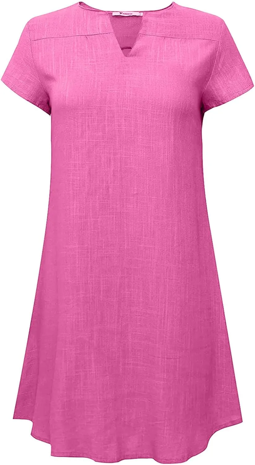 LFEOOST Plus Size Summer Dresses for Women 2023 Fashion Short Sleeve Casual V Neck Solid Loose Ladies Cotton Linen Midi Dress