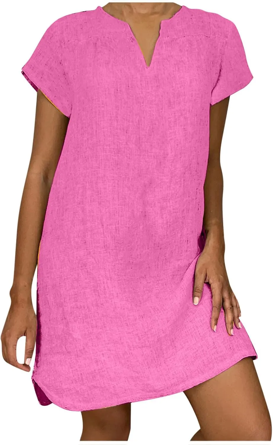 LFEOOST Plus Size Summer Dresses for Women 2023 Fashion Short Sleeve Casual V Neck Solid Loose Ladies Cotton Linen Midi Dress