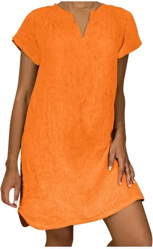 LFEOOST Plus Size Summer Dresses for Women 2023 Fashion Short Sleeve Casual V Neck Solid Loose Ladies Cotton Linen Midi Dress