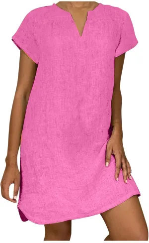 LFEOOST Plus Size Summer Dresses for Women 2023 Fashion Short Sleeve Casual V Neck Solid Loose Ladies Cotton Linen Midi Dress
