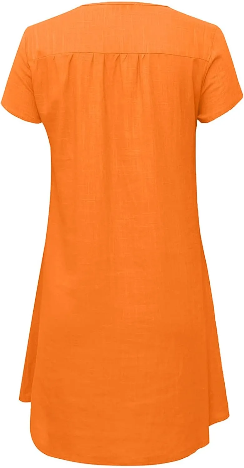 LFEOOST Plus Size Summer Dresses for Women 2023 Fashion Short Sleeve Casual V Neck Solid Loose Ladies Cotton Linen Midi Dress