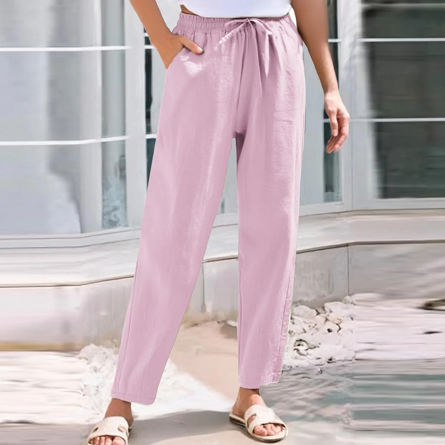 Linen Cropped Pants Women Straight Leg Elastic Waist Drawstring Casual Pants with Pockets 2025 Summer Beach Outfits