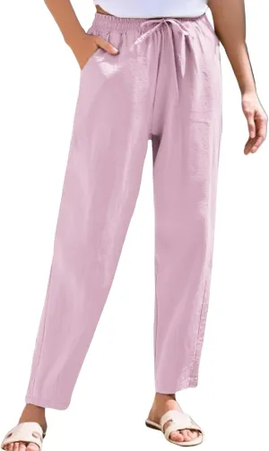 Linen Cropped Pants Women Straight Leg Elastic Waist Drawstring Casual Pants with Pockets 2025 Summer Beach Outfits