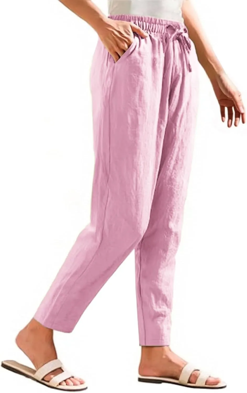 Linen Cropped Pants Women Straight Leg Elastic Waist Drawstring Casual Pants with Pockets 2025 Summer Beach Outfits