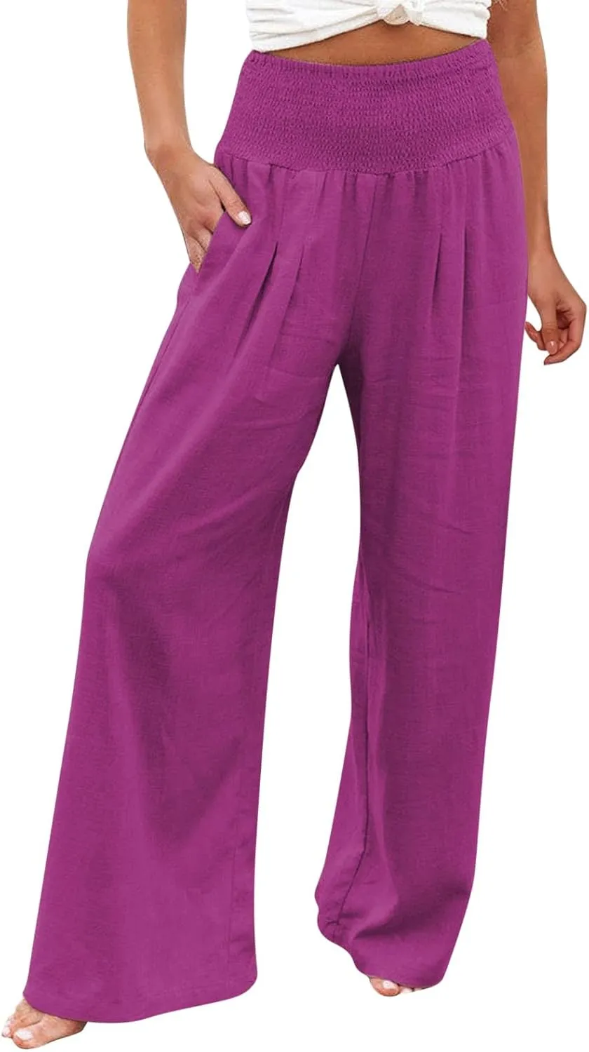 Linen Palazzo Pants for Women Wide Leg High Waist Flowy Summer Beach Loose Casual Lightweight Cotton Linen Trousers