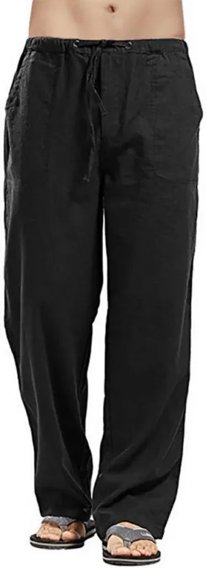 Linen Pants Men Big Tall Casual Cotton Yoga Pants with Pockets Drawstring Elastic Waist Straight-Leg Lightweight Trousers