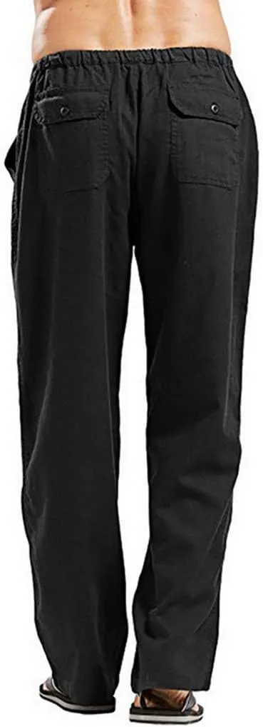 Linen Pants Men Big Tall Casual Cotton Yoga Pants with Pockets Drawstring Elastic Waist Straight-Leg Lightweight Trousers