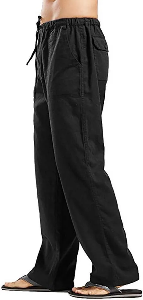Linen Pants Men Big Tall Casual Cotton Yoga Pants with Pockets Drawstring Elastic Waist Straight-Leg Lightweight Trousers