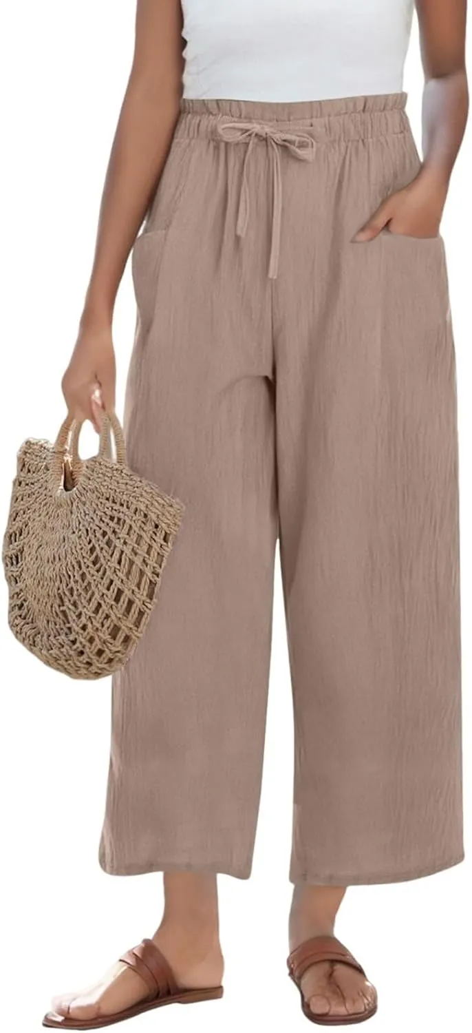 Linen Pants Women Casual Summer Wide Leg Flowy Capri Pant Plus Size Baggy High Waist Palazzo Beach Lounge Trousers