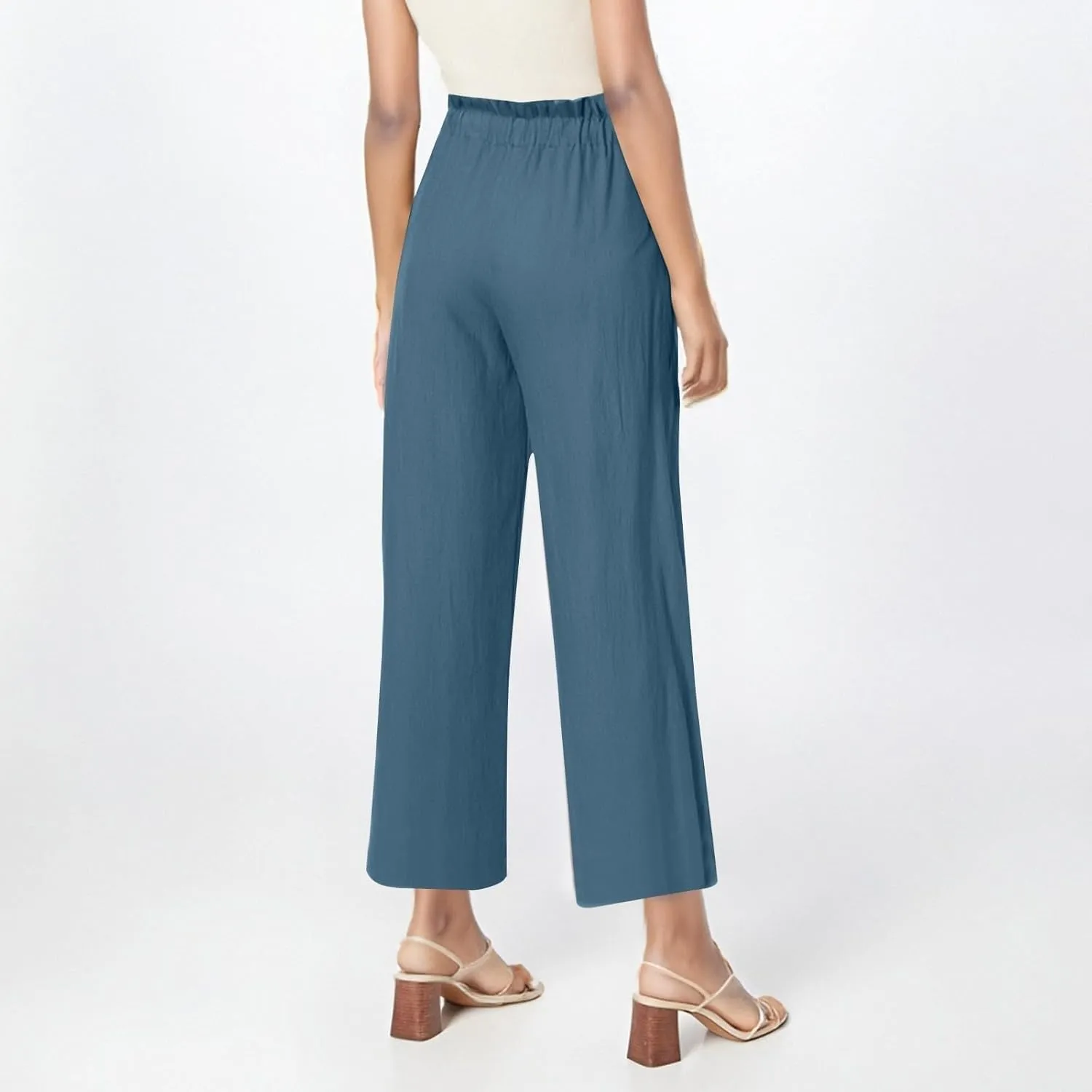 Linen Pants Women Casual Summer Wide Leg Flowy Capri Pant Plus Size Baggy High Waist Palazzo Beach Lounge Trousers