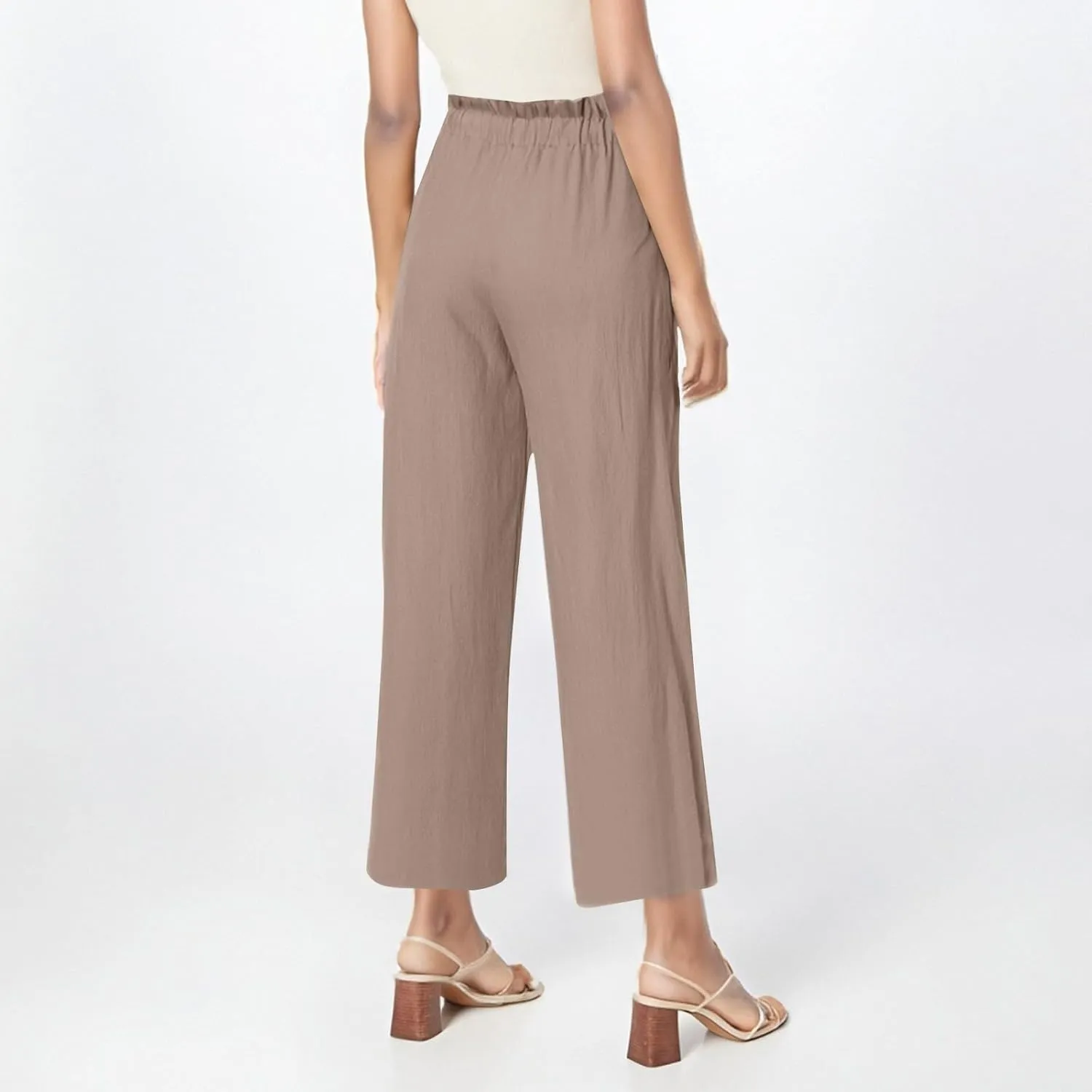 Linen Pants Women Casual Summer Wide Leg Flowy Capri Pant Plus Size Baggy High Waist Palazzo Beach Lounge Trousers