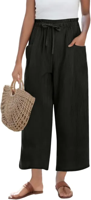 Linen Pants Women Casual Summer Wide Leg Flowy Capri Pant Plus Size Baggy High Waist Palazzo Beach Lounge Trousers