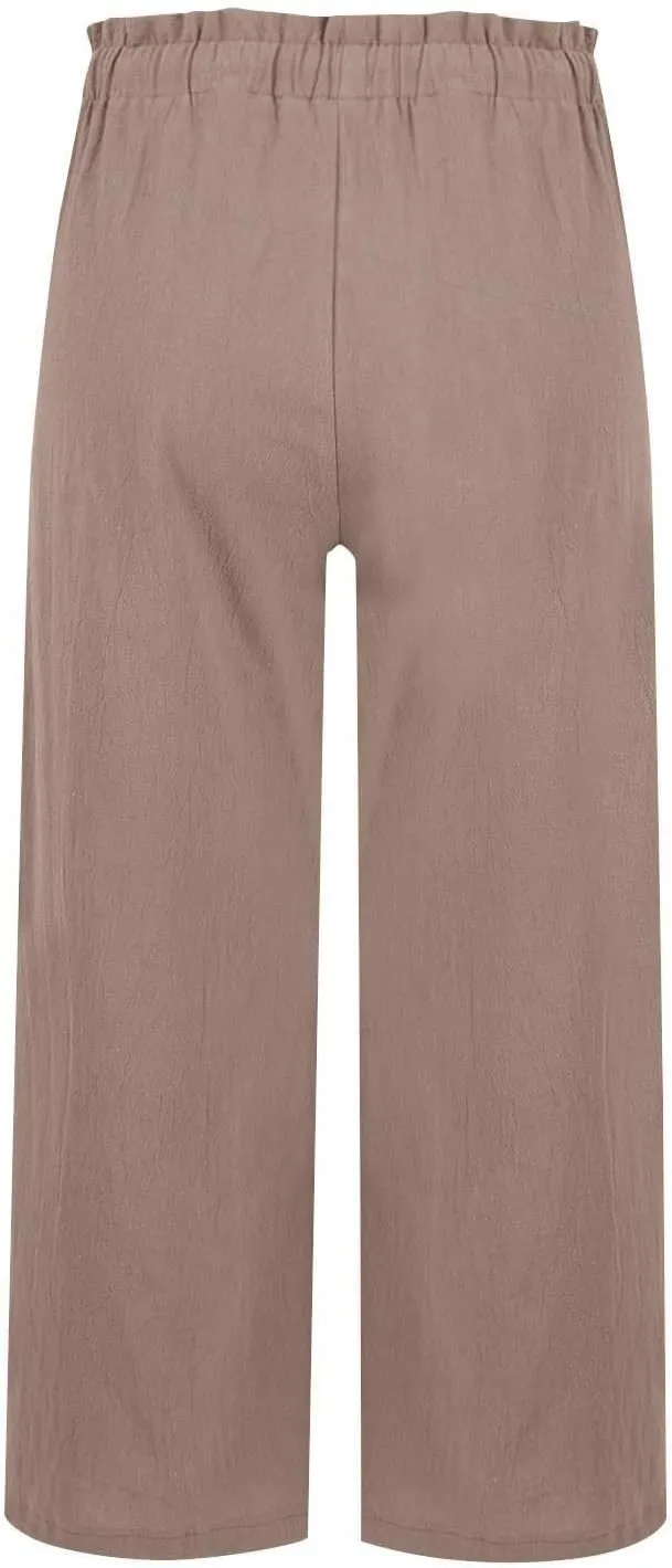Linen Pants Women Casual Summer Wide Leg Flowy Capri Pant Plus Size Baggy High Waist Palazzo Beach Lounge Trousers