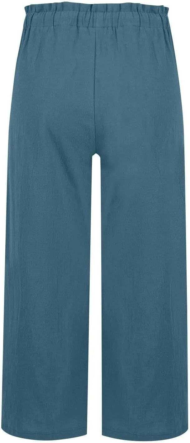 Linen Pants Women Casual Summer Wide Leg Flowy Capri Pant Plus Size Baggy High Waist Palazzo Beach Lounge Trousers