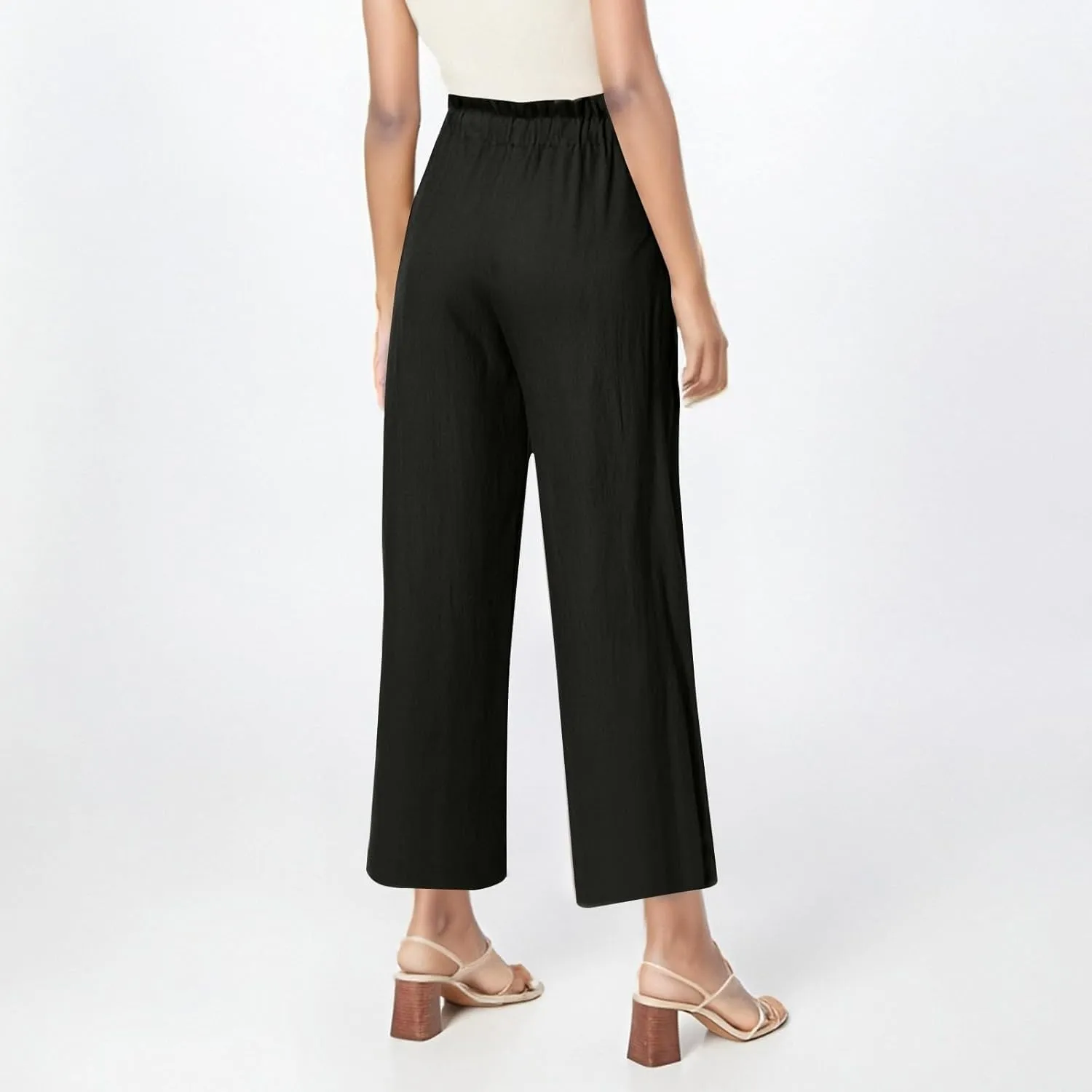 Linen Pants Women Casual Summer Wide Leg Flowy Capri Pant Plus Size Baggy High Waist Palazzo Beach Lounge Trousers