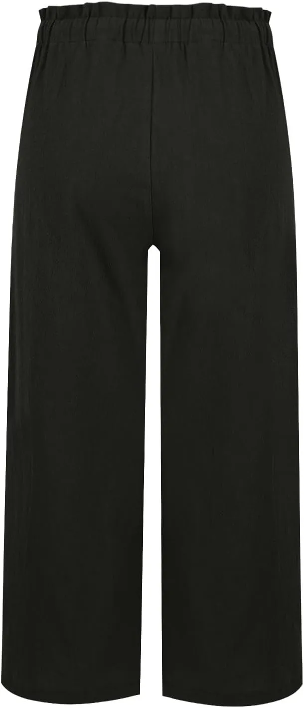 Linen Pants Women Casual Summer Wide Leg Flowy Capri Pant Plus Size Baggy High Waist Palazzo Beach Lounge Trousers