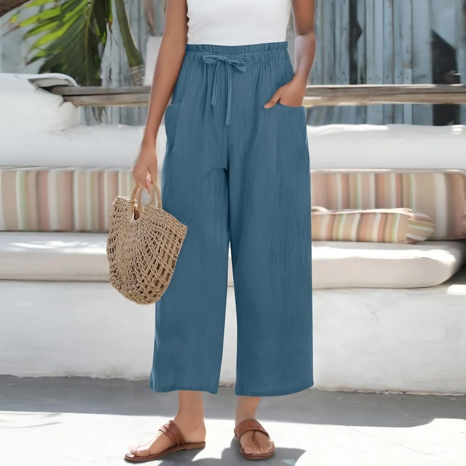 Linen Pants Women Casual Summer Wide Leg Flowy Capri Pant Plus Size Baggy High Waist Palazzo Beach Lounge Trousers
