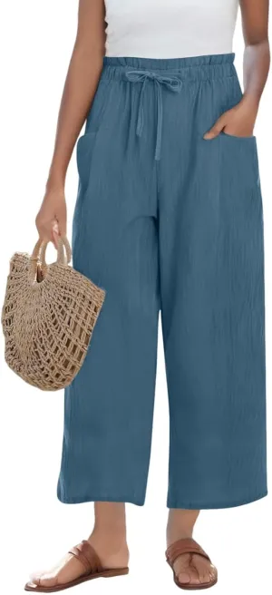 Linen Pants Women Casual Summer Wide Leg Flowy Capri Pant Plus Size Baggy High Waist Palazzo Beach Lounge Trousers