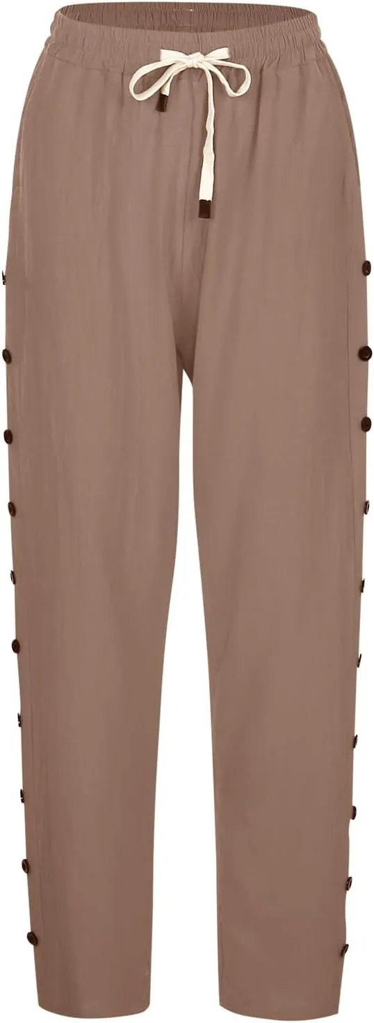 Linen Pants Women Petite Elastic Waisted Trousers Lightweight Summer Pants Dressy Palazzo Pant Beach Vacation Outfit
