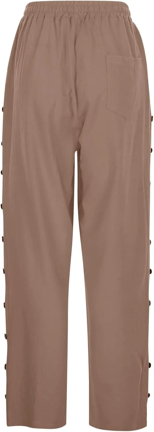 Linen Pants Women Petite Elastic Waisted Trousers Lightweight Summer Pants Dressy Palazzo Pant Beach Vacation Outfit
