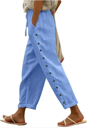 Linen Pants Women Petite Elastic Waisted Trousers Lightweight Summer Pants Dressy Palazzo Pant Beach Vacation Outfit