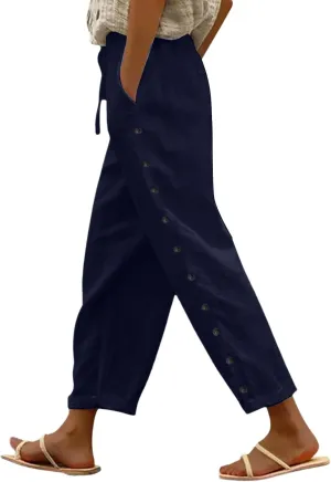 Linen Pants Women Petite Elastic Waisted Trousers Lightweight Summer Pants Dressy Palazzo Pant Beach Vacation Outfit